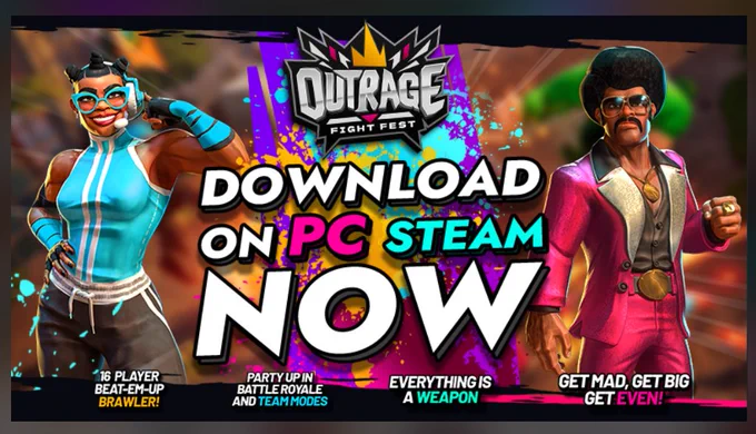 DEMO OUT NOW.
On the left is a female character model and on the right is a male character model, between them is text reading 'OutRage Fight Fest, Demo Out Now!'