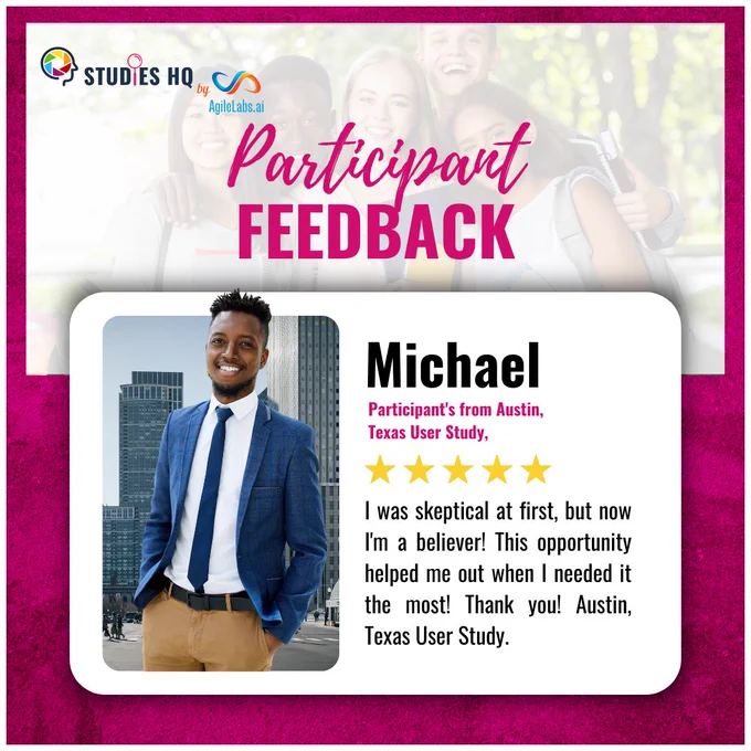 𝐂𝐞𝐥𝐞𝐛𝐫𝐚𝐭𝐞 𝐰𝐢𝐭𝐡 𝐮𝐬! 

Our participants earned $200 in just 90 minutes at Studies HQ. 

Let's continue to drive impactful outcomes together, the last date to participate is 04/22/2024.

Join us in celebrating this achievement together. 

https://www.studieshq.com/austin-texas-study-registration-form/ 

.

.

.

.

.
 #StudiesHQ #SuccessStory #Efficiency #ImpactfulResults #Teamwork #AustinTX