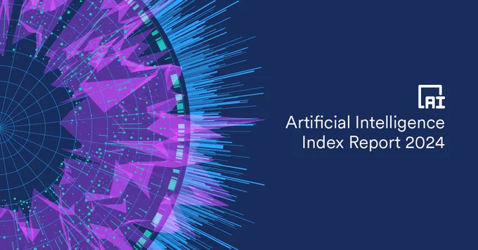 A purple circle with blue lines shining out of it over top of a grid on the left hand side of the image, with the logo of the Stanford AI Index on the right side of the image, all against a navy blue background.