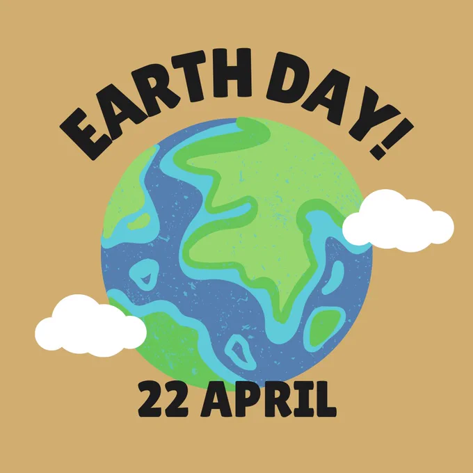 Cartoon with text "Earth Day 22 April: around an earth with clouds on a gold background