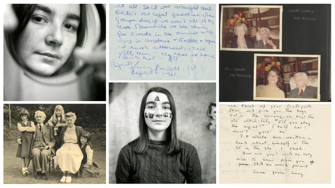 A collage of black and white, and colour photographs of Lucy Catherine Russell both on her own and with her family, as well as two pages of paper featuring her writing in black and blue ink. 