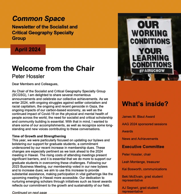 An image of the first page of Common Space, the newsletter of the Socialist and Critical Geography specialty group of the American Association of Geographers. 