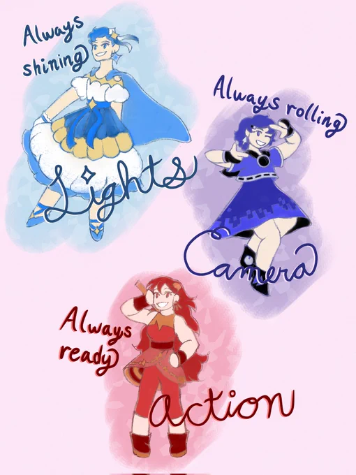 Image of the crew of Overly Sarcastic Productions as magical girls, each framed by phrases. Blue's says, "Always shining: Lights" Indigo's says, "Always rolling: Camera" Red's says, "Always ready: Action"
Blue wears a calf length dress, short ruffled gloves, flats with ribbons up his ankles, and a medium length cape. His dress has a ruffled ballgown skirt, off the shoulder puff sleeves, and an overskirt made to look like greek hoplite armor. It has a twinkle shape motif, including a hairclip with ribbons.
Indigo wears a knee length high waisted skirt layered under a short sleeve crop top with a tiny cape. She has tablet gloves, ankle boots, cursor earrings, and a tiny rectangle hairclip. It has audiovisual and digital motifs, including pixel clusters around the hem of her skirt.
Red wears a sleeveless calf length jumpsuit with an open overskirt, fingerless gloves with brass knuckles, and combat boots. It has a sound motif with waveforms around the skirt, a speech bubble hairclip, and .