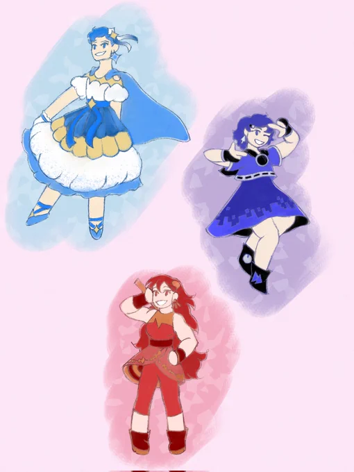 Textless image of the Overly Sarcastic Productions crew as magical girls. Floating regally top left is Blue, jumping center right with her hands in a camera frame pose is Indigo, and stood at the bottom with a brass escrima stick slung over her shoulder is Red. Their outfits are unified by a high waist, different flavors of glove shape, and hair accessories pinning their bangs to the side. Their primary colors are the same as their names, but their accent colors are gold, silver, and bronze respectively. For funsies.
