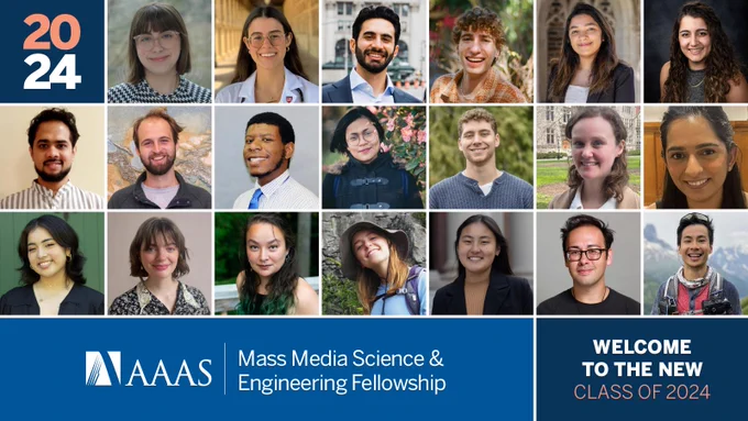 Headshot collage of the 2024 Class of AAAS Mass Media Science and Engineering Fellows. Text at the bottom reads "Welcome to the New Class of 2024"