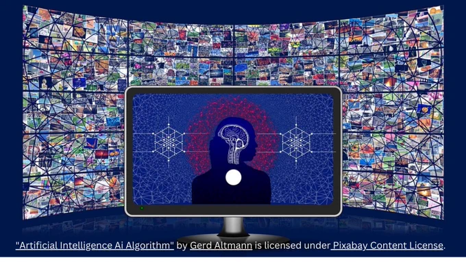 Computer screen with profile of person, showing their brain. In front is a mosaic of photos. "Artificial Intelligence Ai Algorithm" by Gerd Altmann is licensed under Pixabay Content License.