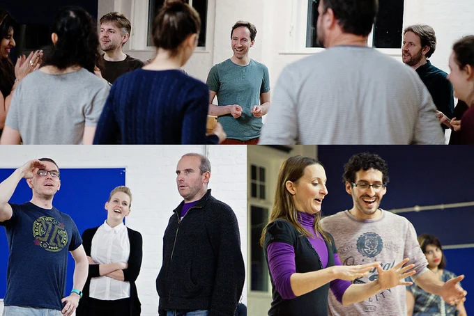 Fourteen people in a rehearsal room.