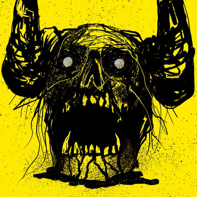 TTRPG Mork Borg horned skull logo on a yellow field