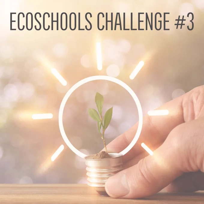 EcoSchools Challenge #3 text on a background featuring a hand holding a lightbulb with a seedling starting to grow in it
