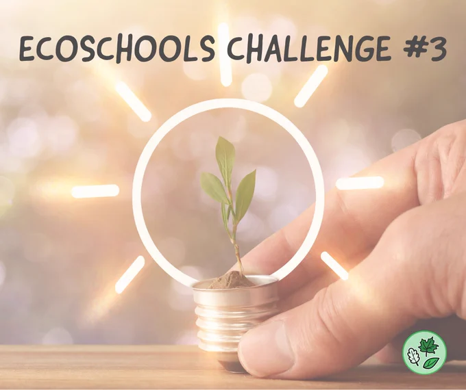 EcoSchools Challenge #3 text on a background featuring a hand holding a lightbulb with a seedling starting to grow in it