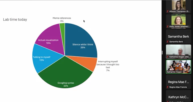 Pie chart w 3% meme references 26%silence while I think 7% interrupting myself bc I thought too fast 33% googling syntax 15% talking to myself 16% actual visualization 