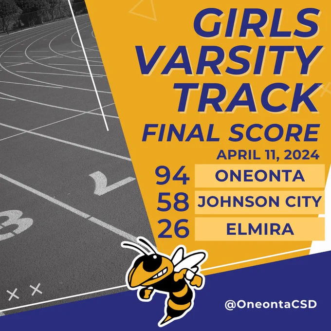 Yellow scorecard graphic showing the results from the Girls Varsity track meet on April 11, 2024, Oneonta vs. Johnson City, final score 94-58 with Elmira scoring 26.