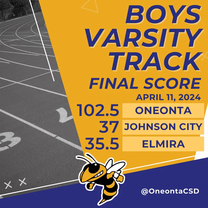 Yellow scorecard graphic showing the results from the Boys Varsity track meet on April 11, 2024, Oneonta vs. Johnson City, final score 102.5-37 with Elmira scoring 35.5.
