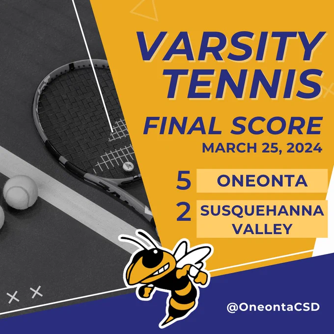 Yellow scorecard graphic showing Varsity tennis match at Oneonta on March 25, 2024, resulted in a 5-2 final score with Susquehanna Valley.