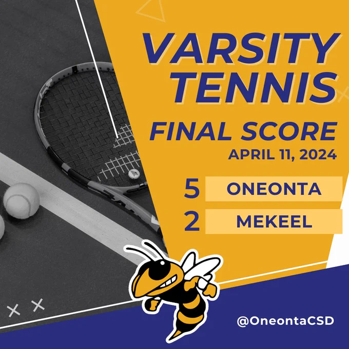 Yellow scorecard graphic showing Varsity tennis match at Oneonta on April 11, 2024, resulted in a 5-2 final score with Mekeel Christian Academy. 