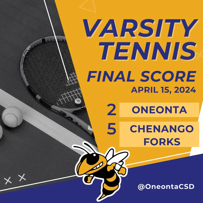 Yellow scorecard graphic showing Varsity tennis match at Oneonta on April 15, 2024, resulted in a 2-5 final score with Chenango Forks.