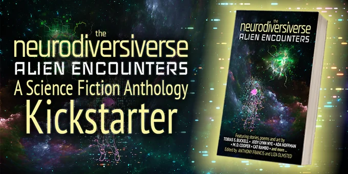A book cover of "The Neurodiversiverse: Alien Encounters", a science fiction anthology. Background is stylized art of an astronaut meeting an alien in outer space. Art by Barbara Candiotti.