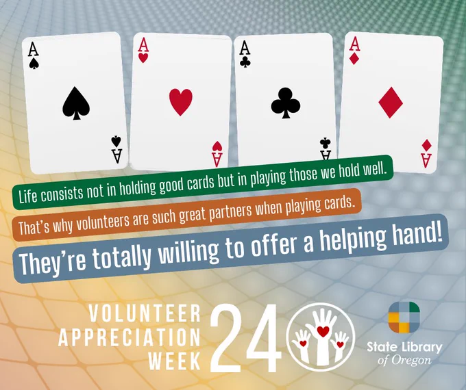Volunteer appreciation image with four ace cards, one from each suit.