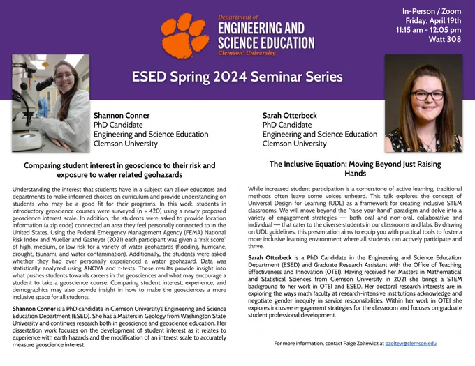 A flyer for ESED Seminar with Shannon Conner and Sarah Otterbeck. Contact Paige Zoltewicz at pzoltew@clemson.edu for more information.