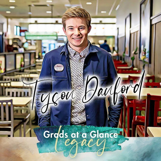 A portrait of Tyson Danford, a Fossil Ridge High School senior. He stands in a Chik-fil-A, where he works as a restaurant manager. The photo is edited to look like a painted portrait. His name is in the middle of the photo in cursive, like a signature, and below is a watercolor design as the background for the following text. Text: Grads at a Glance Legacy.