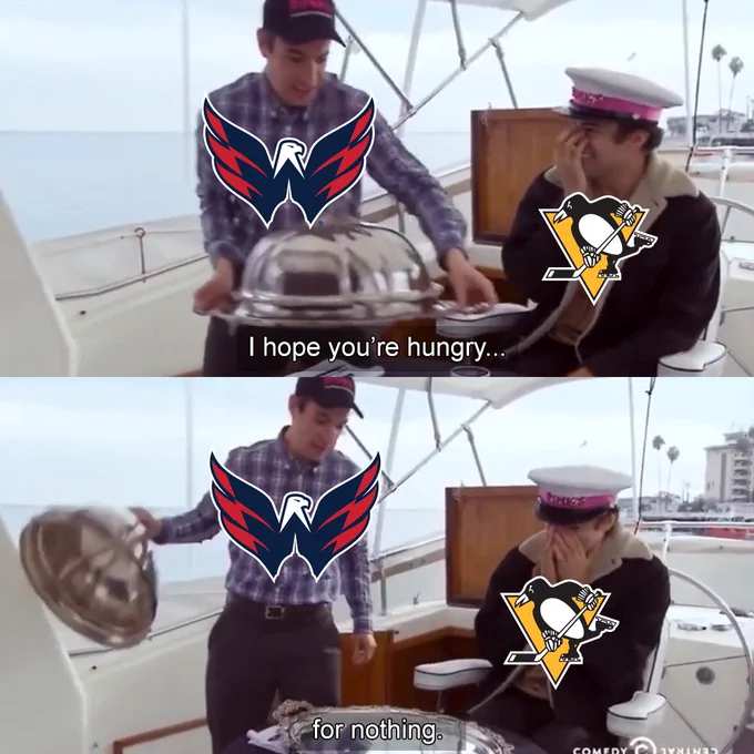 A scene from Nathan For You where Nathan Fielder serves a platter of nothing, but Nathan is the Capitals and the recipient is the Penguins. 