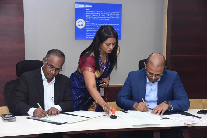 Bridging the Gap between Industry and Academics!📚

We are thrilled to announce the signing🖋️ of a Memorandum of Understanding (MoU) between SRMIST and SRM Technologies Private Limited on 16th April 2024 at SRMIST.

Key Signatories👥
▪️Dr. S. Ponnusamy, Registrar, SRMIST
▪️Mr. Balalakshminarayanan Vummidi, Vice President, SRM Technologies Pvt. Ltd.

This MoU marks a powerful alliance dedicated to fostering collaboration in the areas of Campus to Corporate, establishing joint labs, Facilitating Intellectual Property (IP) creation, exploring new application development, providing internship opportunities, co-authoring white papers, conducting joint seminars, Leveraging SRMIST laboratories, libraries, and final year project support, Engaging in market research initiatives and Campus Recruitment.

The initiation was forwarded by the authorities namely Dr. M. Pushpalatha – Professor & HOD, Dr. V. S. Bakkialakshmi (AP) - Department of Computing Technologies.