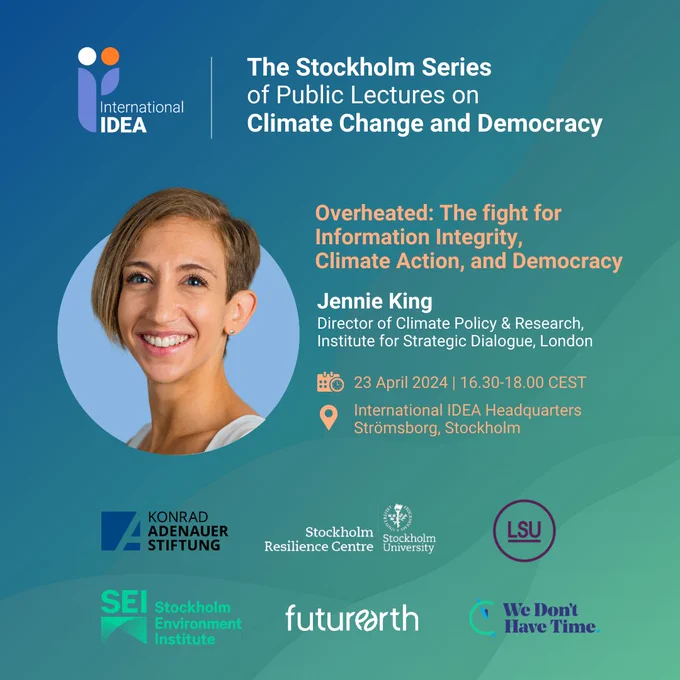 Event details for the first lecture in the Stockholm Series of Public Lectures on Climate Change and Democracy on 23 April 2024. 