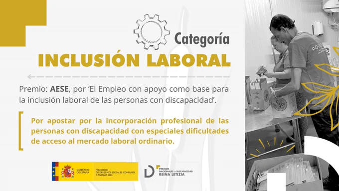 Foto de dos personas con discapacidad trabajando, logotipo de los Premios Nacionales de Discapacidad Reina Letizia y texto: Categoría: Inclusión laboral. Premio: AESE, por ‘El Empleo con apoyo como base para la inclusión laboral de las personas con discapacidad’. Por apostar por la incorporación profesional de las personas con discapacidad con especiales dificultades de acceso al mercado laboral ordinario.