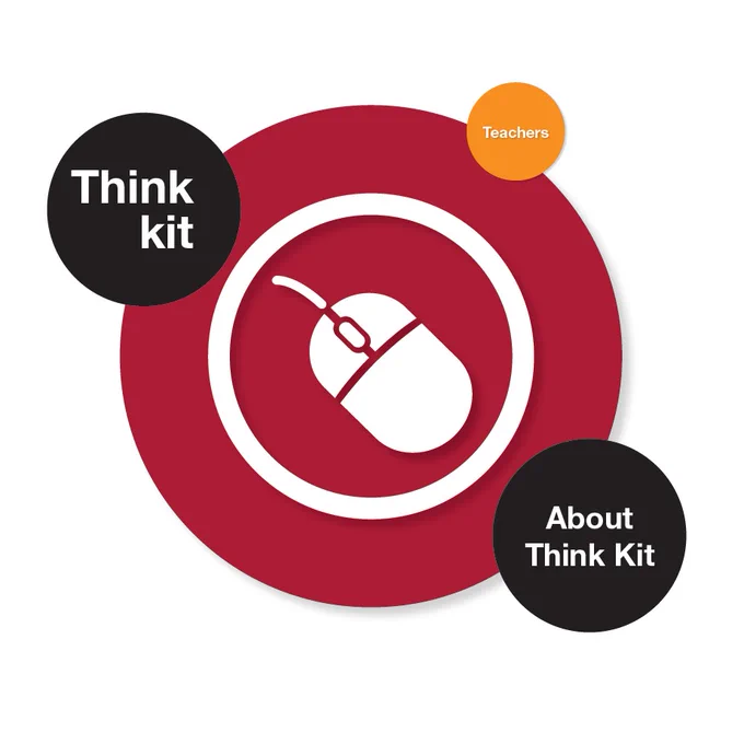 A large red circle with the illustration of a computer mouse supported by two black circles with centred white text which reads: think kit, about think kit. A small orange circle with centred white text that reads 'teachers' 