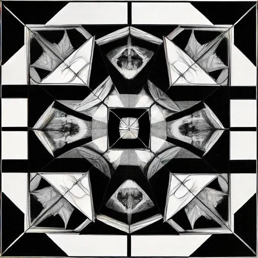 DeepAI generated image in 'surreal' style. Prompt text is 'researchers come together to discuss the legacy of imperialism in cultural heritage'. Generated April 2024. A surreal symmetrical black and white image that shows indistinguishable repeated images in triangles and squares. 