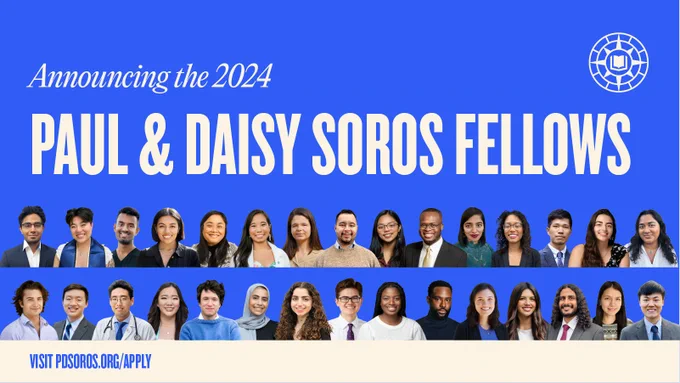 "Announcing the 2024 Paul & Daisy Soros Fellows" - header text on a bright blue graphic with the faces of all of the 30 new Fellows. 