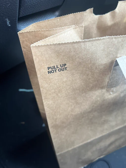 A picture of a brown paper shopping bag. On the upper left-hand corner of the bag in small black letters, it says “pull up not out.”