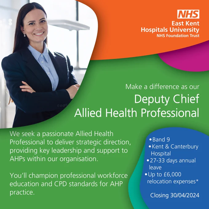 Make a difference as our Deputy Chief Allied Health Professional.

We seek a passionate Allied Health Professional to deliver strategic direction, providing key leadership and support to AHPs within our organisation. 

You’ll champion professional workforce education and CPD standards for AHP practice.

Band 9
Kent & Canterbury Hospital
27-33 days annual leave
Up to £6,000 relocation expenses*

Closing 30/04/2024