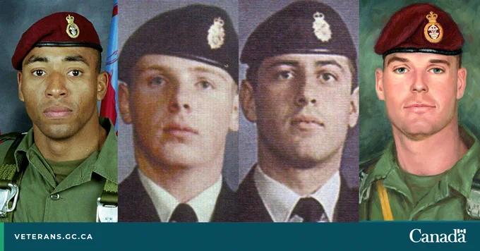 Photo collage of military portraits (L-R): Corporal Ainsworth Dyer, Private Richard Green, Sergeant Marc Léger, Private Nathan Smith.
