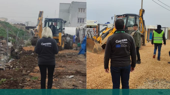 To the left, Concern staff seen from the back looking at moldy settlement area and a construction vehicle.
To the right, Concern staff seen from the back looking at construction vehicle and gravelling work.