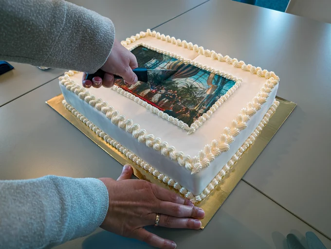 Another Anno 1800 cake being cut.