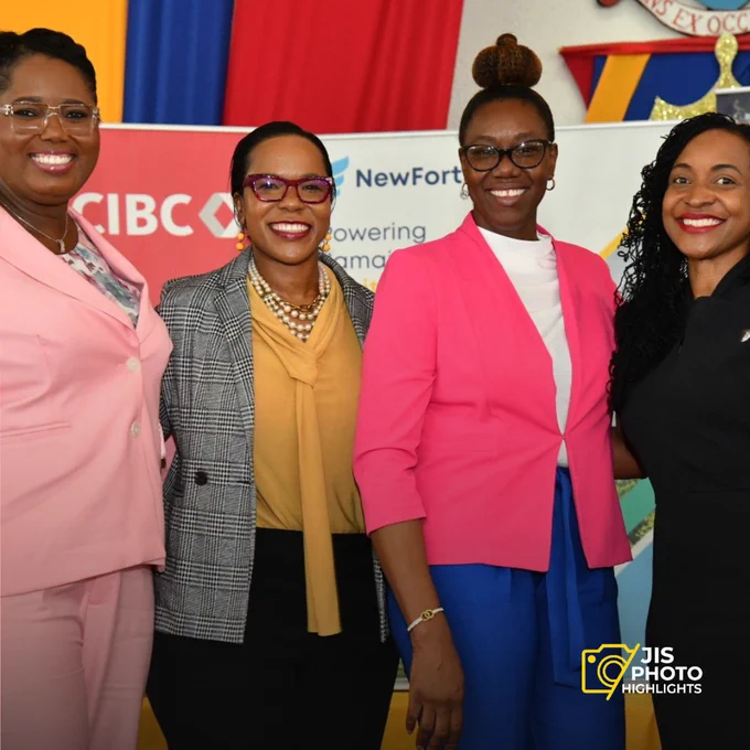 State Minister in the Ministry of Education and Youth, Hon. Marsha Smith, Chief Education Officer in the Ministry, Terry-Ann Thomas Gayle, and Permanent Secretary in the Ministry, Dr. Kasan Troupe,  joining Green Pond Primary teacher, Kamika Ingram, for a congratulatory photo following the announcement of Ingram as the Mathematics Teacher of the Year 2024 at the Jamaica Mathematical Olympiad (JMO) awards ceremony on Monday (April 15)