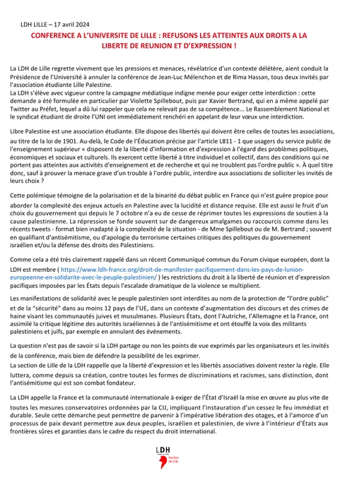 Communiqué sur l'atteinte à la liberté d'expression et de réunion suite à l'annulation de la conférence prévue à l'université de Lille prévue ce jeudi 18 avril - retrouvez le communiqué sur notre site : https://site.ldh-france.org/lille/