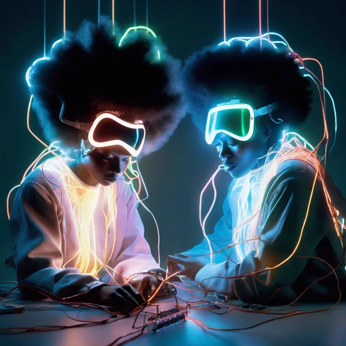 Hyper-realistic photo, closeup shot, an afro woman wearing superconducting VR headset that reads "Placebo" on the screen, the woman is hooked up to superconducting medical electric wires while lucid dreaming in a dream of a dream-state, electrical wires, long waveform lighting, 1980’s synth pop, hyper-realistic film, futurism, technology, 1980s aesthetic, experimental, unexpected, oddity, Sony Portapak, full color, include light flashes