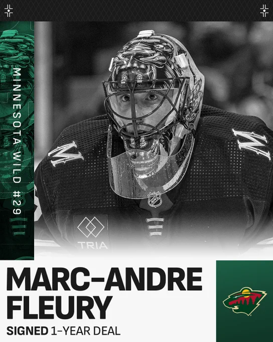 Top: Marc-Andre Fleury in a Minnesota Wild uniform.

Bottom: Black text on a white background next to the Wild logo reading, “Marc-Andre Fleury, #29. Signed 1-year deal".