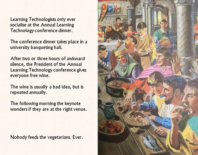 Picture in the style of a Ladybird children's book showing Learning Technologists eating at a banquet