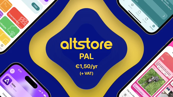 AltStore PAL promo image showing AltStore icon stylized with EU colors surrounded by iPhones running AltStore