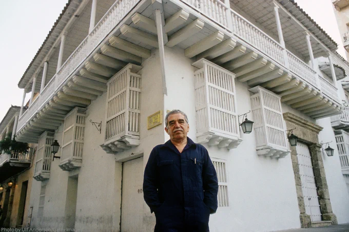Gabriel García Márquez poses for a portrait session in 1991 in Carthagena, Colombia. He is wearing a dark blue jacket. 