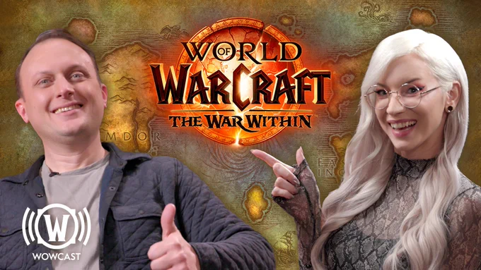 An image of WoW Game Director Ion Hazzikostas smiling and giving a thumbs up, and Community Manager Bethany Stout also smiling and pointing at Ion. Ion is to the left and Bethany to the right. The background is filled with the in-game map of Azeroth and the middle is filled with a large version of the logo for The War Within. The logo is a departure from previous expansion logo designs, with the familiar “World of Warcraft – The War Within” font appearing in black over a crumbling circle of titanic runes around a cracking image of the planet Azeroth.
