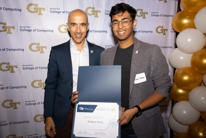Undergraduate student Pratham Mehta received the Outstanding Legacy Leadership Award on April 11 at the College of Computing 33rd Annual Awards Celebration. Mehta studies in School of CSE Associate Professor Polo Chau's research group.