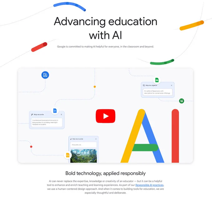 Screenshot of the new AI webpage for Google for Education with animated tubes going across the screen and a large YouTube thumbnail ready to be played.