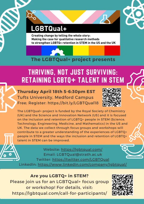 Event flyer featuring the logo for the LGBTQual  project. The flyer includes details for the upcoming event titled: Thriving, not just surviving: Retaining LGBTQ  talent in STEM on Thursday April 18th from 5-6:30pm EST online only
Free; Register: https://bit.ly/LGBTQual18
The LGBTQual  project is funded by the Royal Society of Chemistry (UK) and the Science and Innovation Network (US) and it is focused on the inclusion and retention of LGBTQ  people in STEM (Science, Technology, Engineering, Medicine, and Mathematics) in the US and UK.
Are you LGBTQ  in STEM?
Please join us for an LGBTQual  focus group or workshop! For details, visit: https://lgbtqual.com/call-for-participants/
Website: https://lgbtqual.com/
Email: LGBTQual@strath.ac.uk
Twitter: https://twitter.com/LGBTQual
LinkedIn: https://www.linkedin.com/company/lgbtqual/