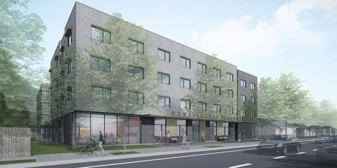 Architect's rendering of Powellhurst Place, a four story gray brick apartment building with a glassy ground floor on a tree-lined street.