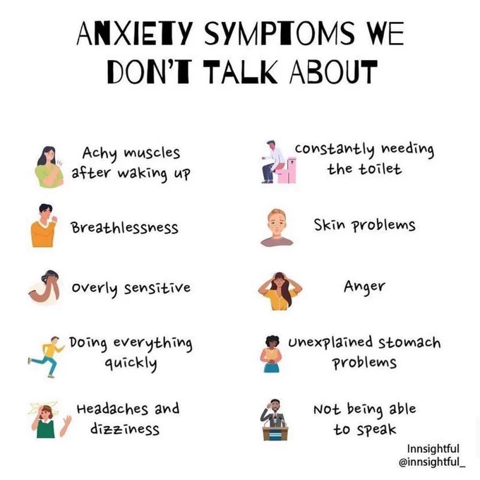 Anxiety symptoms we don't talk about.
Achy muscles after waking up
Constantly needing the toilet
Breathlessness
Skin problems
Overly sensitive
Anger
Doing everything quickly
Unexplained stomach problems
Headaches and dizziness
Not being able to speak