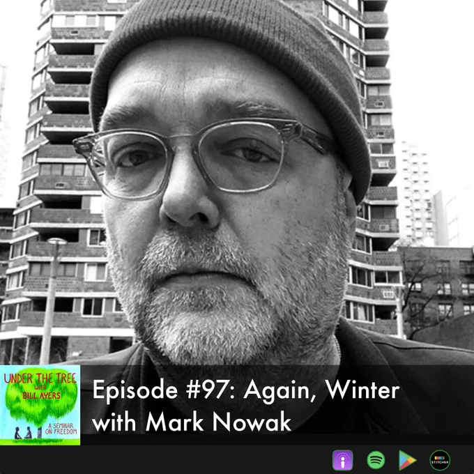 black and white close up photo of Mark nowak. He is wearing a knit beanie and clear framed glasses. He has a short bear and mustache. He stands in front of a tall multi-story brick building and stares intently into the camera lens.